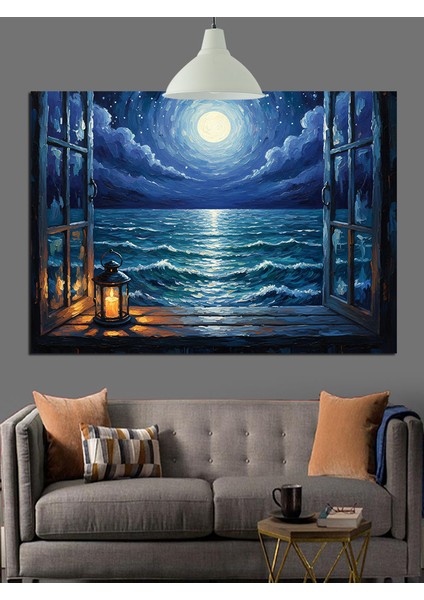 Dolunay Deniz Kenarı Manzarası Dekoratif Kanvas - Mdf Ahşap Tablo indirimleri