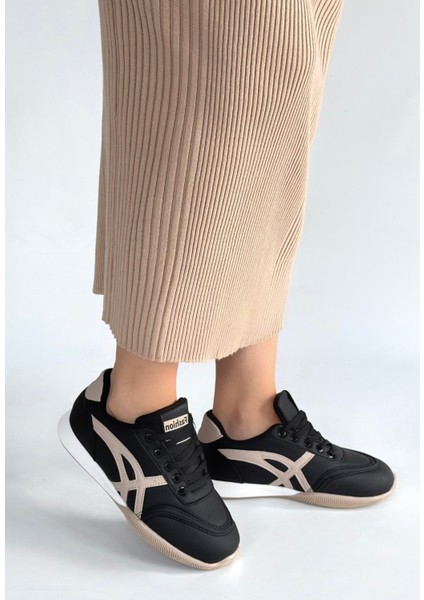 Bej Detaylı Ortopedik Topuk Dikenine Karşı Özel Üretim Bağcıklı Spor Ayakkabı Cilt Siyah Topuk Boyu 2 cm