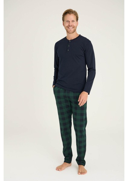%100 Pamuk Altı Ekose Desenli Uzun Kollu Erkek Pijama Takım