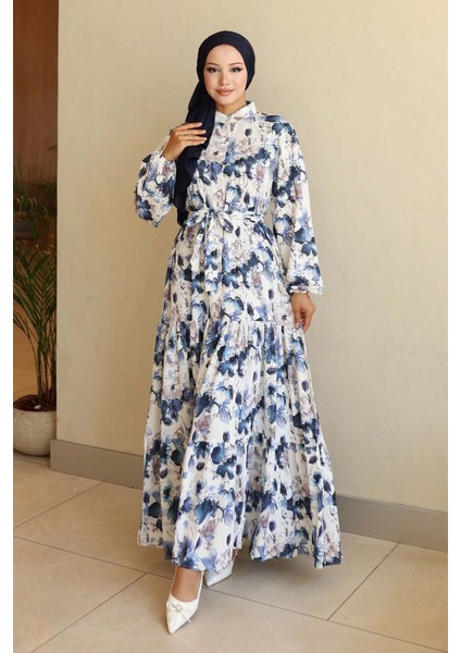 Kadın Bdart Düğmeli ve Kuşak Detaylı Bisiklet Yaka Maxi Elbise Lacivert