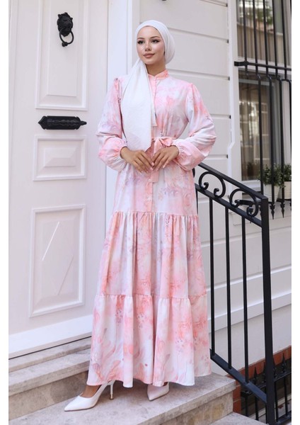 Kadın Bdart Düğmeli ve Kuşak Detaylı Bisiklet Yaka Maxi Elbise Toz Pembe