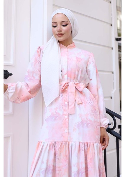 Kadın Bdart Düğmeli ve Kuşak Detaylı Bisiklet Yaka Maxi Elbise Toz Pembe fiyatları