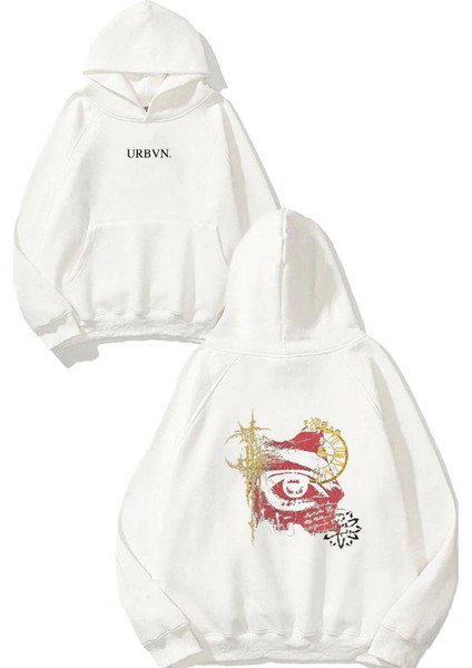 Göz 1 Tasarım Baskılı Oversize Beyaz Kapüşonlu Sweatshirt