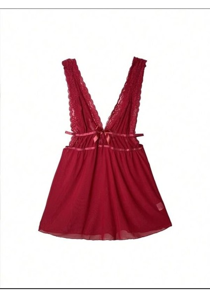 Kırmızı Dantel Işlemeli Tül Fantezi Gecelik