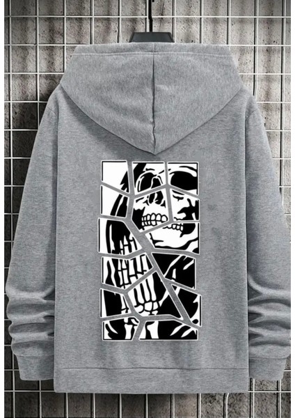 Büyük Beden Özel Tasarım Kapüşonlu Skull Cracked Sırt Baskılı Süper Oversize Erkek Sweatshırt