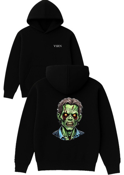 Zombi Tasarım Baskılı Oversize Siyah Kapüşonlu Sweatshirt