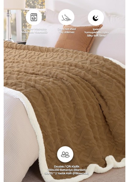 Pufly Jakar Sherpa Battaniye Seti Çift Kişilik 3 Parça Yumuşak Peluş Wellsoft Yatak Örtüsü