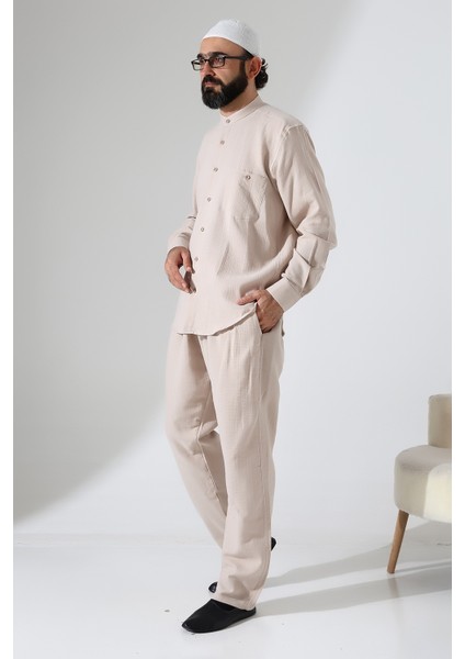 Erkek Müslin Hakim Yaka Cepli Gömlek Pantolon Ikili Takım, Hac Umre Kıyafeti - Bej (Ans)