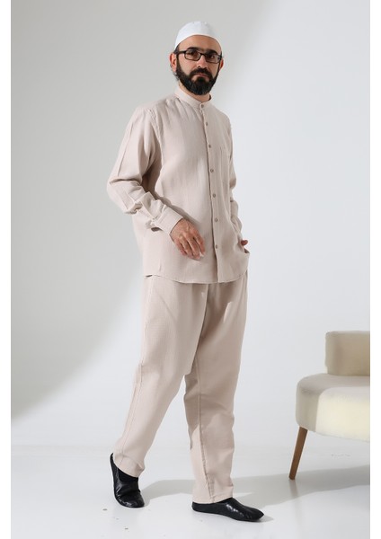 Erkek Müslin Hakim Yaka Cepli Gömlek Pantolon Ikili Takım, Hac Umre Kıyafeti - Bej (Ans) fiyatları