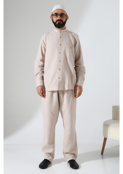 Erkek Müslin Hakim Yaka Cepli Gömlek Pantolon Ikili Takım, Hac Umre Kıyafeti - Bej (Ans) modelleri