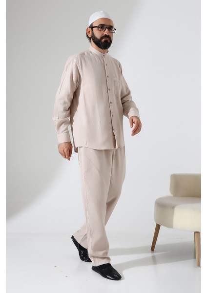 Erkek Müslin Hakim Yaka Cepli Gömlek Pantolon Ikili Takım, Hac Umre Kıyafeti - Bej (Ans) fırsatları