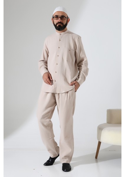Erkek Müslin Hakim Yaka Cepli Gömlek Pantolon Ikili Takım, Hac Umre Kıyafeti - Bej (Ans) indirimleri