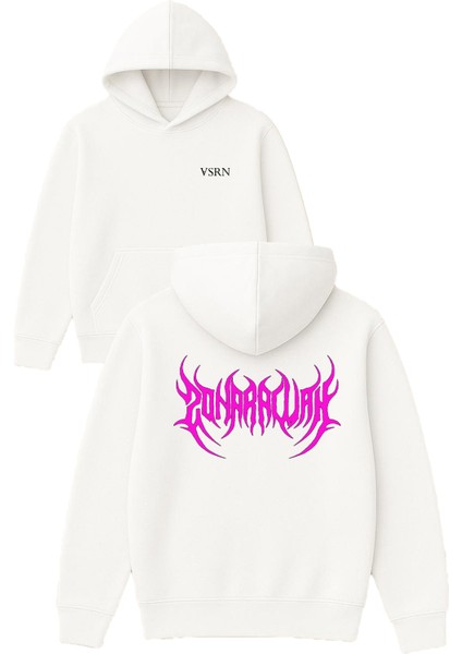 Pembe Kuyruklu Tasarım Baskılı Oversize Beyaz Kapüşonlu Sweatshirt