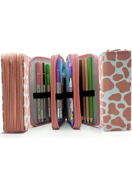 Kalem Kutusu Inek Desenli Kawai Organizer Kalemkutu Vegan Deri Üç Bölmeli Kalemlik -Nude(Pembe) indirimleri
