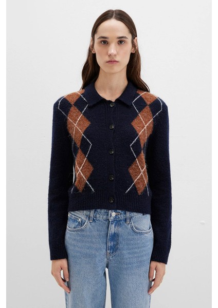 Kadın Yün Karışımlı Baklava Desenli Lacivert Hırka 1710825-84371 fiyatları