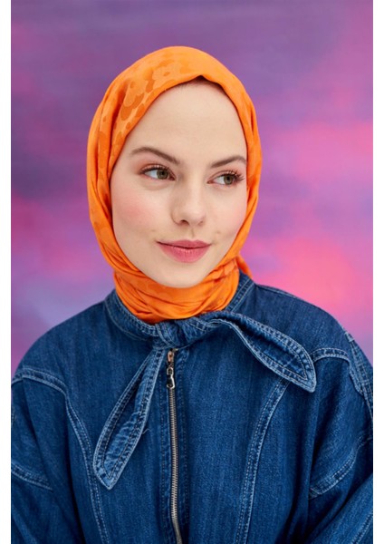 Çiçek Desen Jakar Italyan Ipekli Şal Turuncu