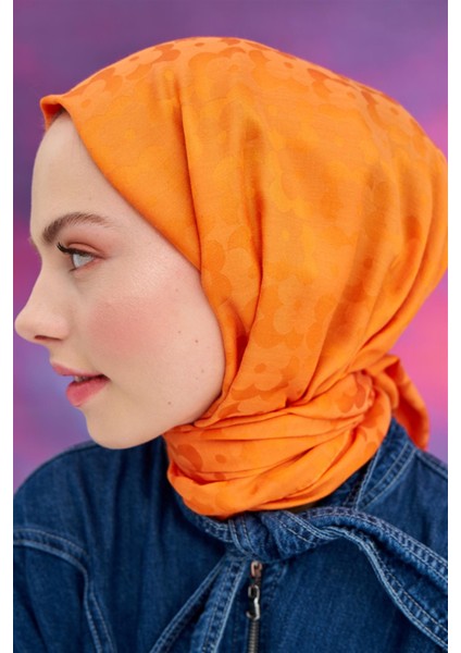 Çiçek Desen Jakar Italyan Ipekli Şal Turuncu fırsatları