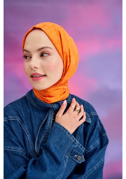 Çiçek Desen Jakar Italyan Ipekli Şal Turuncu indirimleri