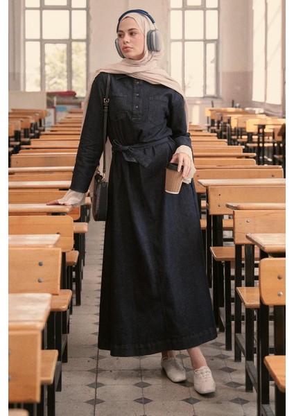 Liz Uzun Denim Elbise Koyu Mavi