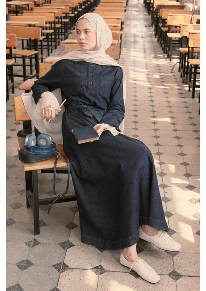 Liz Uzun Denim Elbise Koyu Mavi modelleri