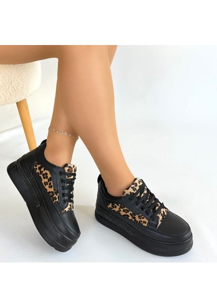 Leopar Detaylı Ortopedik Bağcıklı Spor Ayakkabı Cilt Siyah Topuk Boyu 4 cm fırsatları