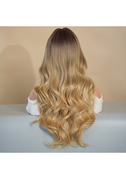 Kahverengi Sarışın Vurgu 63CM Avrupa Peruk Uzun Kıvırcık Saç Ortamı Ayrılmış Tam Baş Peruklar (Yurt Dışından)
