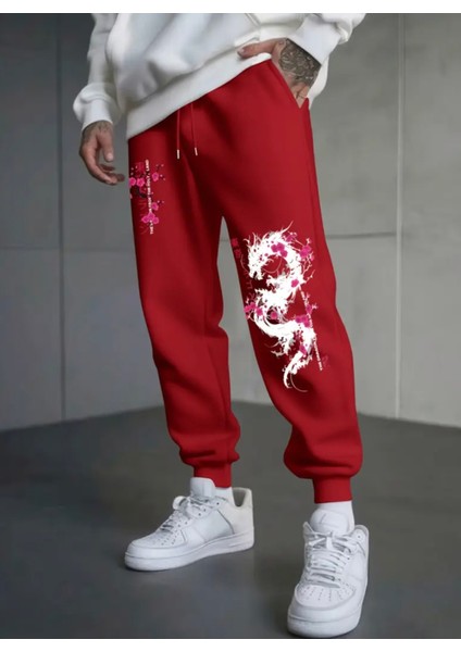 Büyük Beden Özel Tasarım Dragoon Baskılı %100 Pamuk Kışlık Japon Stil Erkek Eşofman Altı