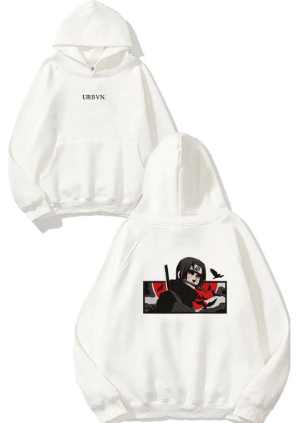 Anime Kırmızı Tasarım Baskılı Oversize Beyaz Kapüşonlu Sweatshirt