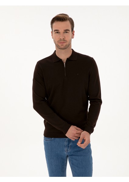 Erkek Kahverengi Regular Fit Yün Karışımlı Fermuarlı Polo Yaka Basic Triko Kazak 50315297-VR029