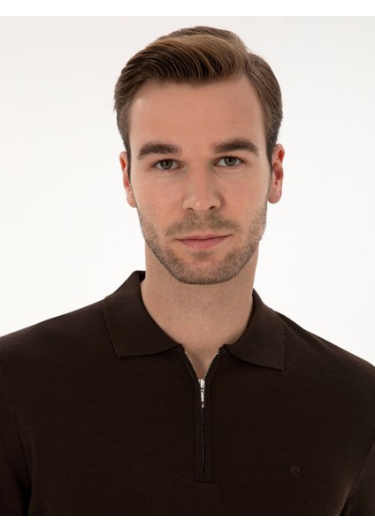 Erkek Kahverengi Regular Fit Yün Karışımlı Fermuarlı Polo Yaka Basic Triko Kazak 50315297-VR029 fiyatları