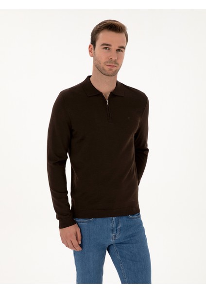 Erkek Kahverengi Regular Fit Yün Karışımlı Fermuarlı Polo Yaka Basic Triko Kazak 50315297-VR029 modelleri