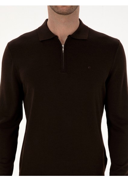 Erkek Kahverengi Regular Fit Yün Karışımlı Fermuarlı Polo Yaka Basic Triko Kazak 50315297-VR029
