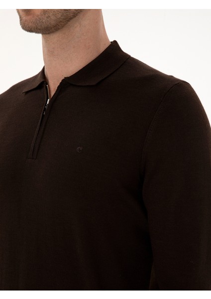 Erkek Kahverengi Regular Fit Yün Karışımlı Fermuarlı Polo Yaka Basic Triko Kazak 50315297-VR029