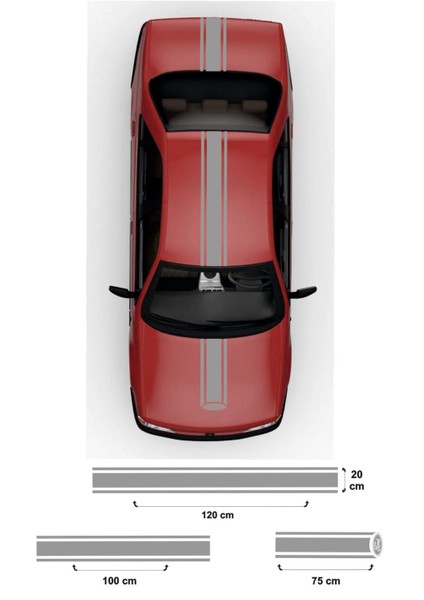 Oto Kaput-Tavan-Bagaj Çift Şerit Özel Yeni Sticker 3 Parça Gri 20*120-20*100-75*20 cm