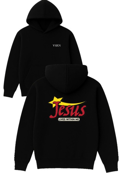 Sarı Yıldız Jesus Tasarım Baskılı Oversize Siyah Kapüşonlu Sweatshirt