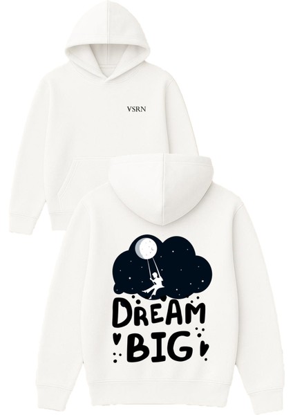Dream Bıg Tasarım Baskılı Oversize Beyaz Kapüşonlu Sweatshirt