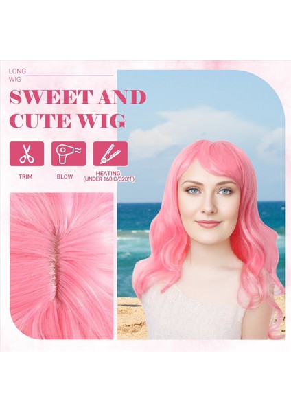 Bangs ile Pembe Peruk Hava Patlamaları ile Uzun Dalgalı Peruk Ipeksi Tam Isıya Dayanıklı Peruk Değiştirme Doğal Görünümlü Peruk (Yurt Dışından) indirimleri