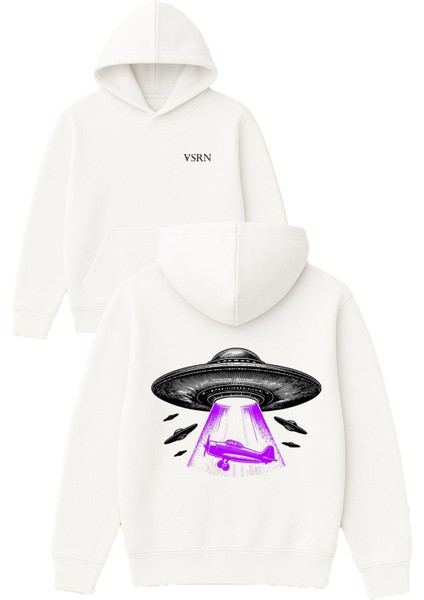 Ufo Araçları Tasarım Baskılı Oversize Beyaz Kapüşonlu Sweatshirt