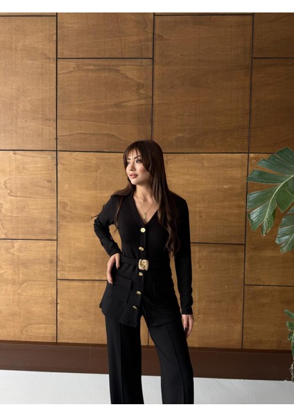 Buketli Kadın Sabit Kemerli Sabit Sarı Düğmeli V Yaka Bluz ve Beli Lastikli Bol Pantolonlu Ikili Alt Üst Takım fiyatları