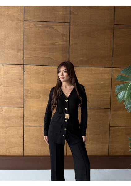 Buketli Kadın Sabit Kemerli Sabit Sarı Düğmeli V Yaka Bluz ve Beli Lastikli Bol Pantolonlu Ikili Alt Üst Takım fırsatları