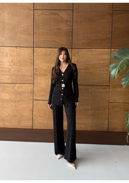 Buketli Kadın Sabit Kemerli Sabit Sarı Düğmeli V Yaka Bluz ve Beli Lastikli Bol Pantolonlu Ikili Alt Üst Takım indirimleri