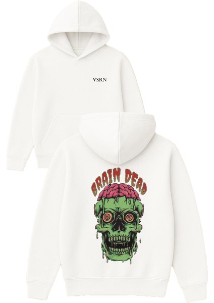 Braın Dead Zombi Tasarım Baskılı Oversize Beyaz Kapüşonlu Sweatshirt