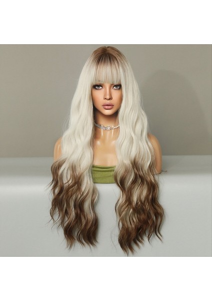 Beyaz Siyah Gradyan 70CM Peruk Kadın Uzun Kıvırcık Saç Merkezi Ayrılmış Peruk Bangs Su Dalgalı Kimyasal Fiber Peruk (Yurt Dışından) indirimleri