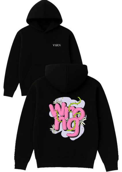 Wrong Tasarım Baskılı Oversize Siyah Kapüşonlu Sweatshirt