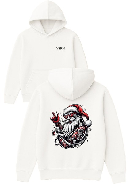Noel Baba Tasarım Baskılı Oversize Beyaz Kapüşonlu Sweatshirt