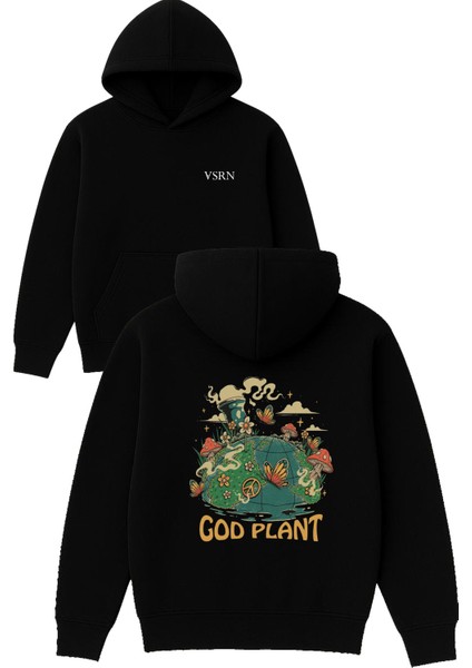 God Plant Tasarım Baskılı Oversize Siyah Kapüşonlu Sweatshirt