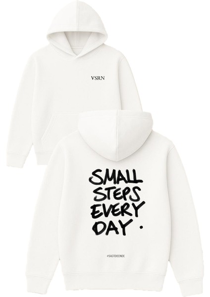 Small Steps Tasarım Baskılı Oversize Beyaz Kapüşonlu Sweatshirt