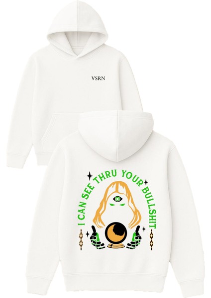 Buyucu Tasarım Baskılı Oversize Beyaz Kapüşonlu Sweatshirt