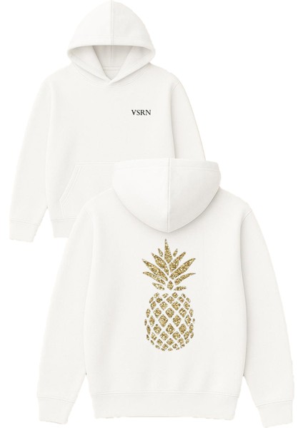 Pırlantalı Ananas Tasarım Baskılı Oversize Beyaz Kapüşonlu Sweatshirt
