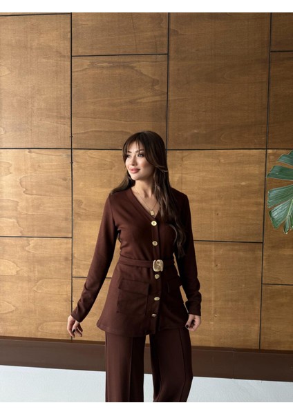 Buketli Kadın Sabit Kemerli Sabit Sarı Düğmeli V Yaka Bluz ve Beli Lastikli Bol Pantolonlu Ikili Alt Üst Takım fiyatları